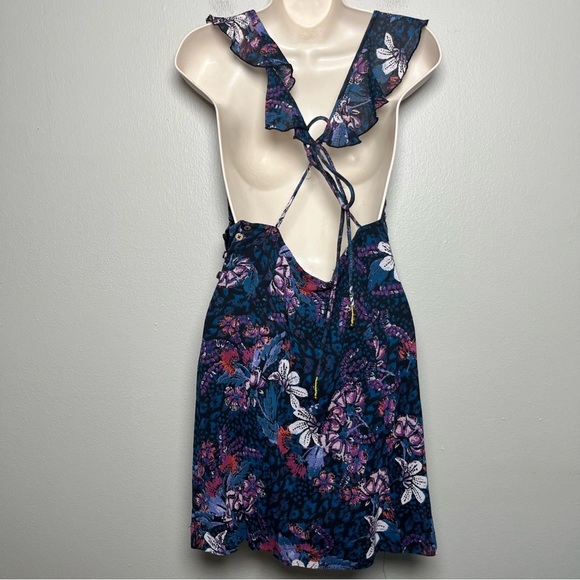Free People Women Dress XS Blue Floral Deep V Josie Mini Date Night‎ Summer - Picture 5 of 12
